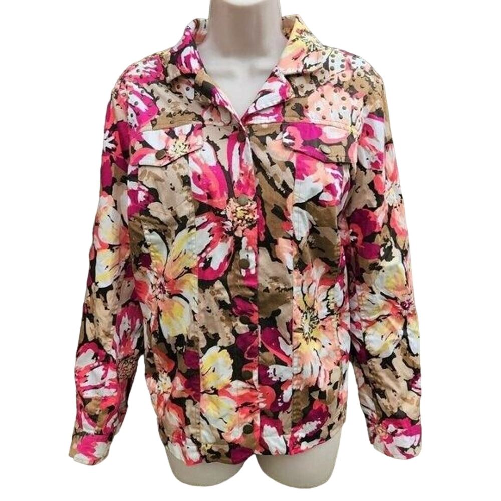 Laura Ashley Floral Jacket, Size 1X,Brown Black Pink and Cream, Long Sleeve